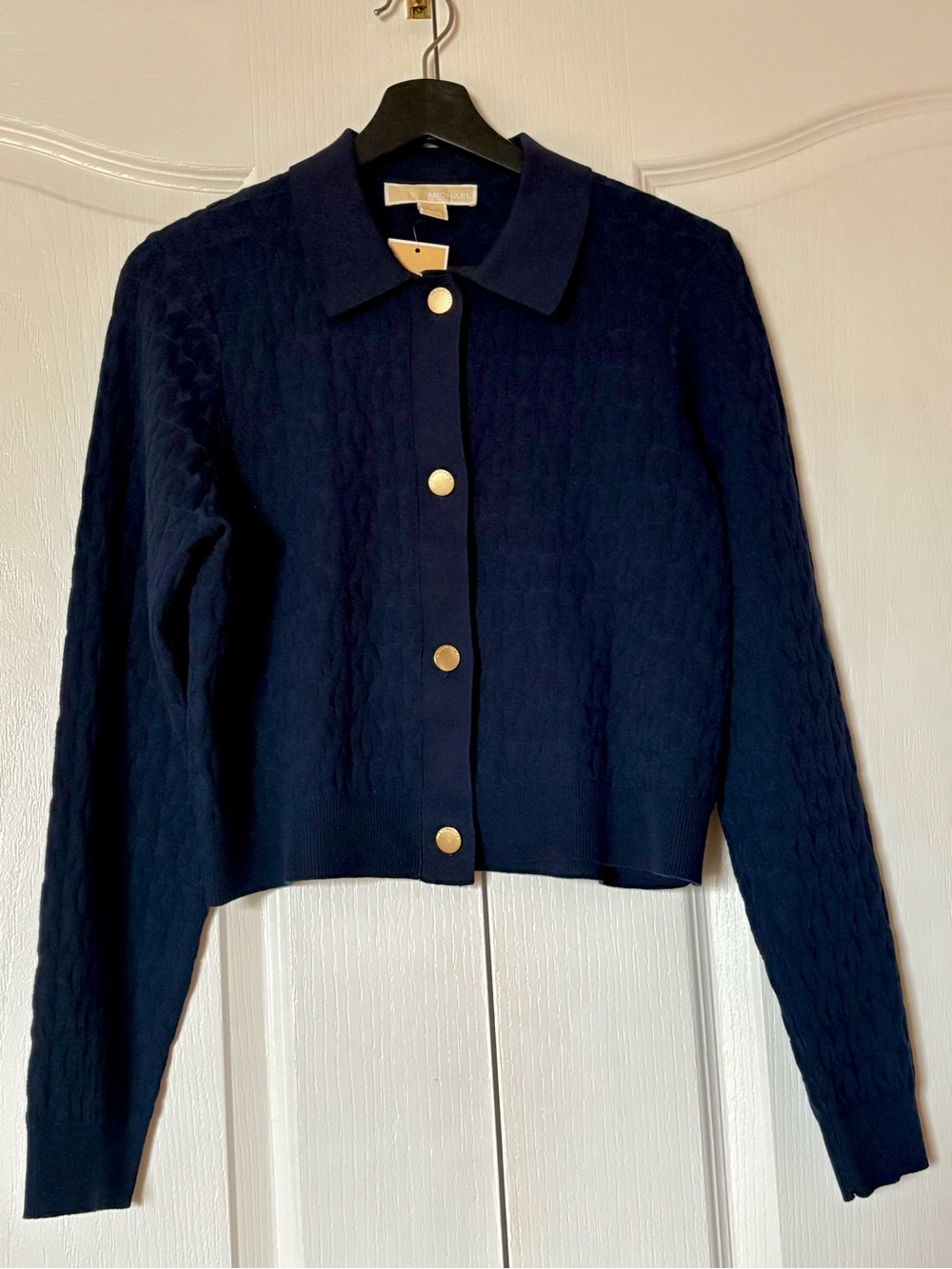 Michael Kors Navy Button-Front Cable Knit Cardigan